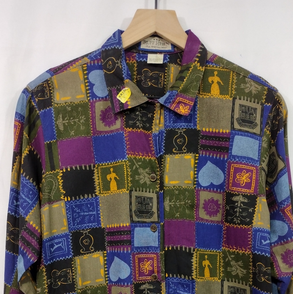 Vintage Ruff Hewn Patchwork Button Shirt Womens L Multicolor Artsy Retro Boho - Picture 2 of 7